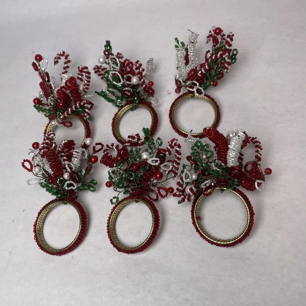 Beaded Holiday Christmas Napkin Ring Holders Set Of 6